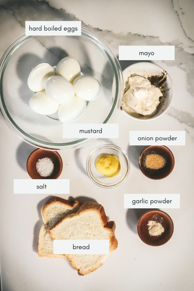 Ingredients for egg salad sandwich, labeled. 