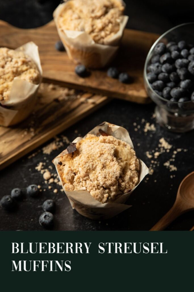 Blueberry streusel muffins with title text.