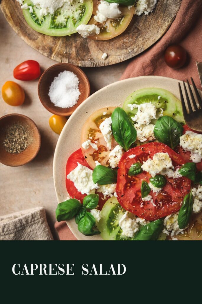 Caprese salad with basil and mozzarella and cherry tomatoes with title text.