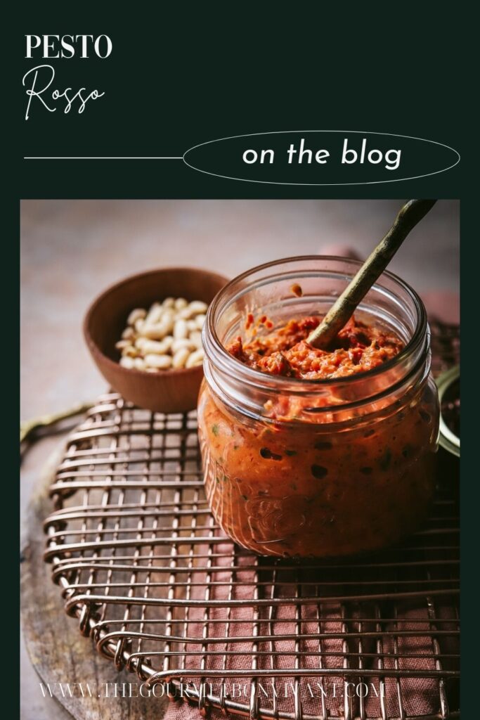 A jar of red pesto, with title text.