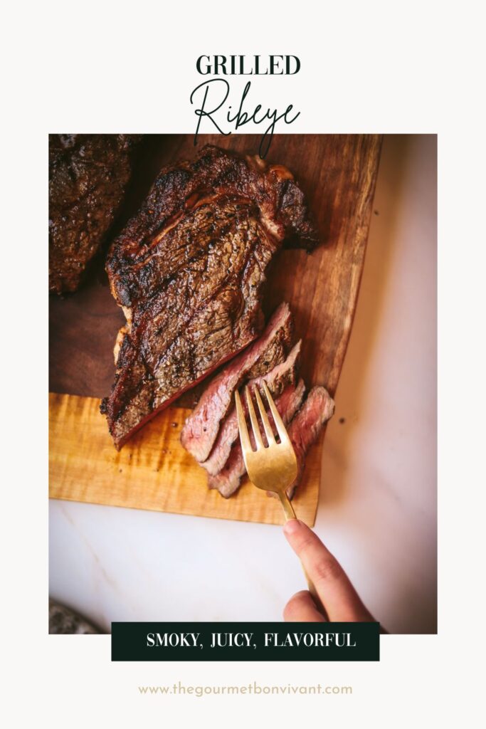 Grilled ribeye with title text.