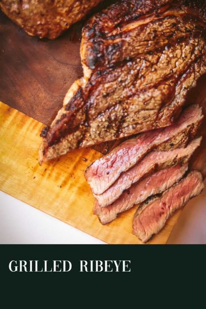 Grilled ribeye with title text.