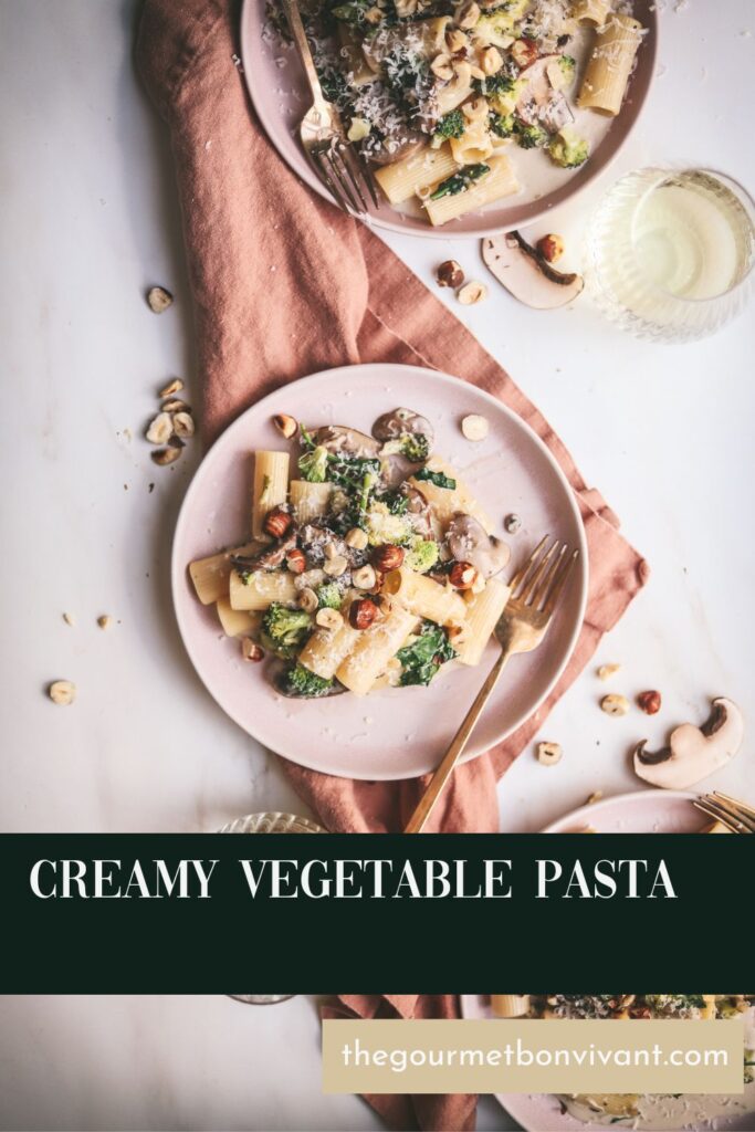 Vegetable pasta with title text.