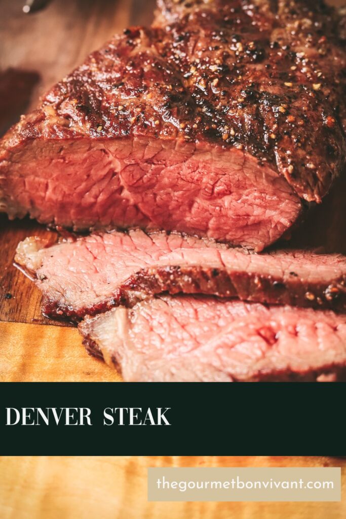 Denver steak on dark green background with title text.