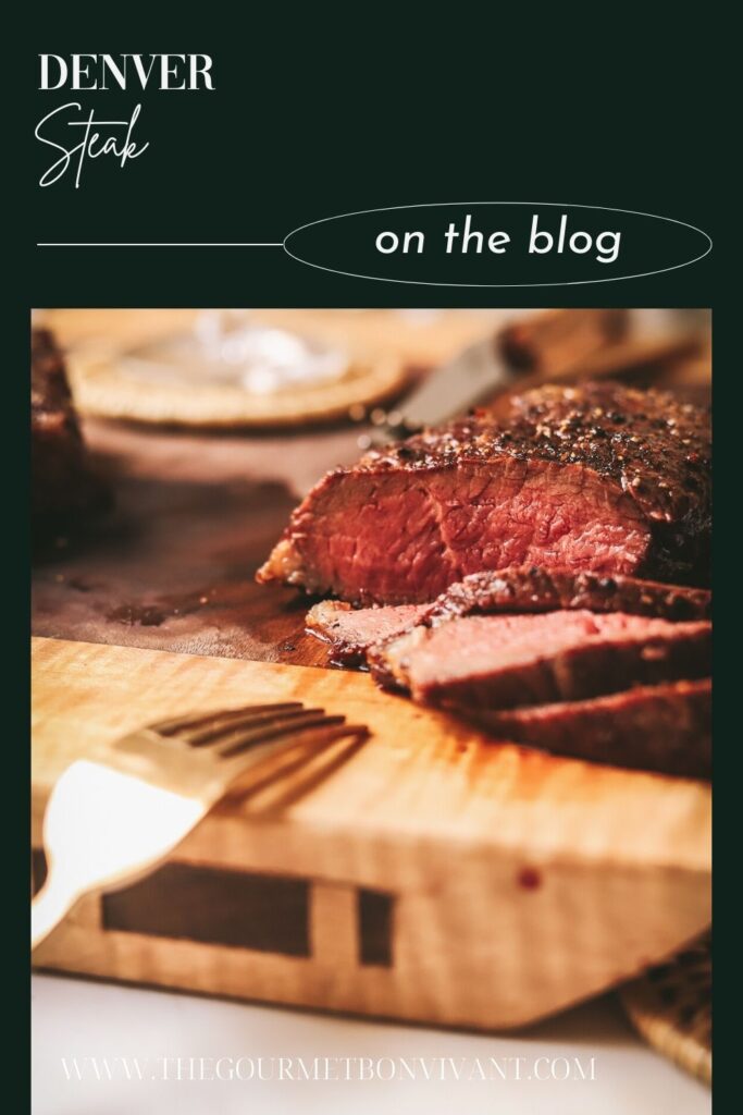 Denver steak on dark green background with title text.