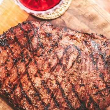 Flank steak with diamond grill marks and red wine.