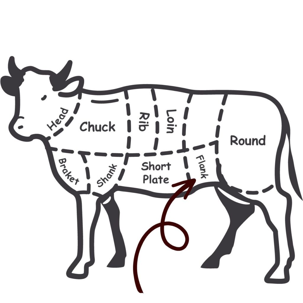 Illustrated cow with different cuts of beef, highlighting the flank. 