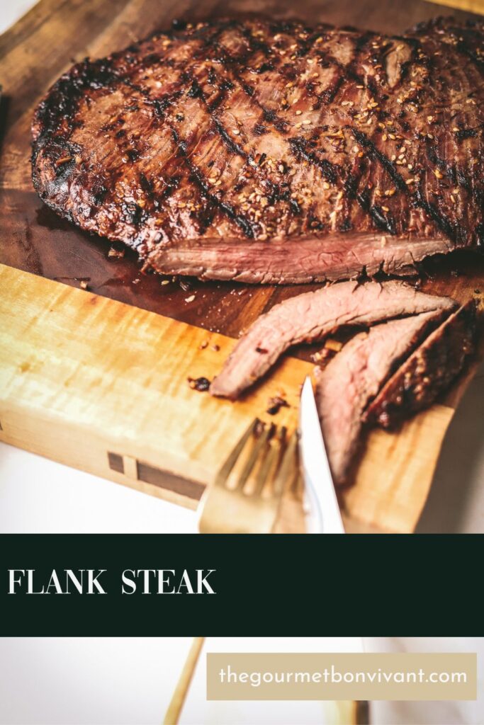 Flank steak with fork and knife and title text.