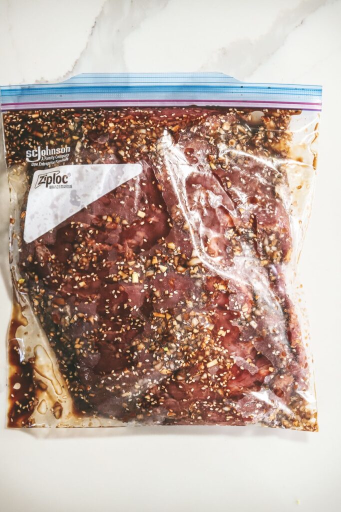 The flank steak marinating in the bag. 