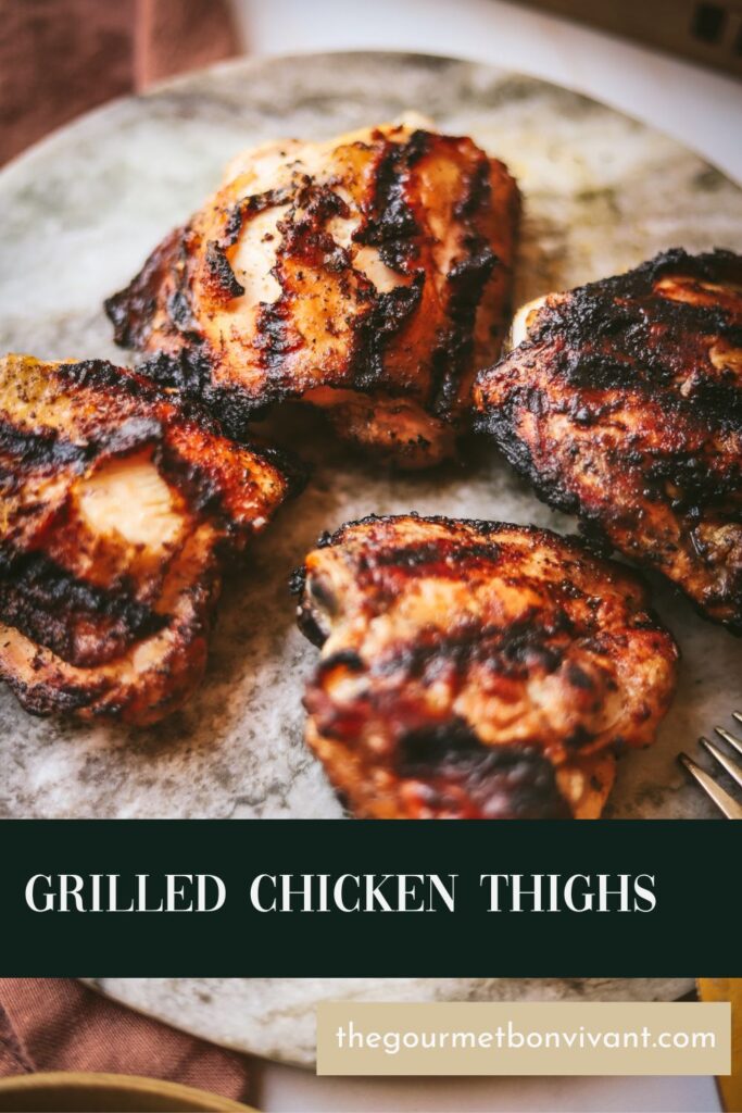 Four grilled chicken thighs with title text.