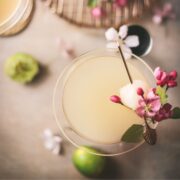 A lychee martini surrounded by lime and flowers.