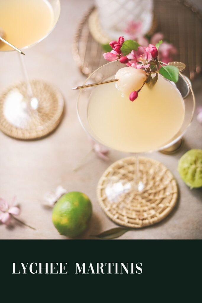 A lychee martini with title text.