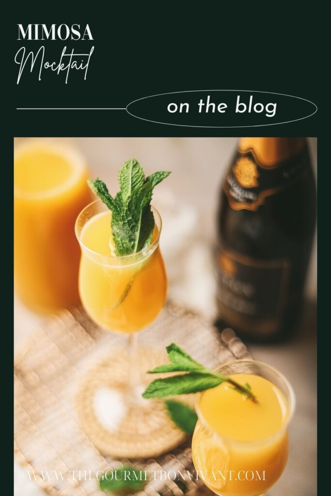 Non-alcoholic mimosas with mint on dark green background with title text.