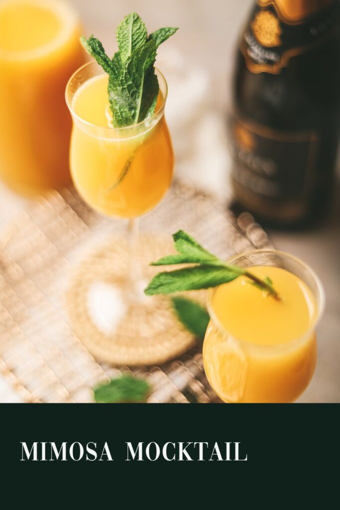 Non-alcoholic mimosas with mint on dark green background with title text.