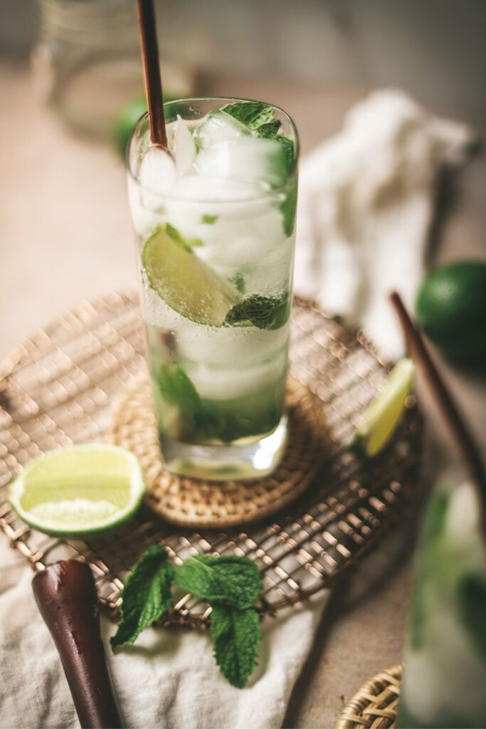 A non-alcoholic mojito filled with ice. 
