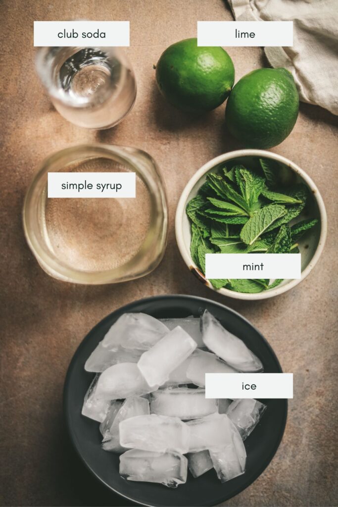 The ingredients for a mojito mocktail cocktail.