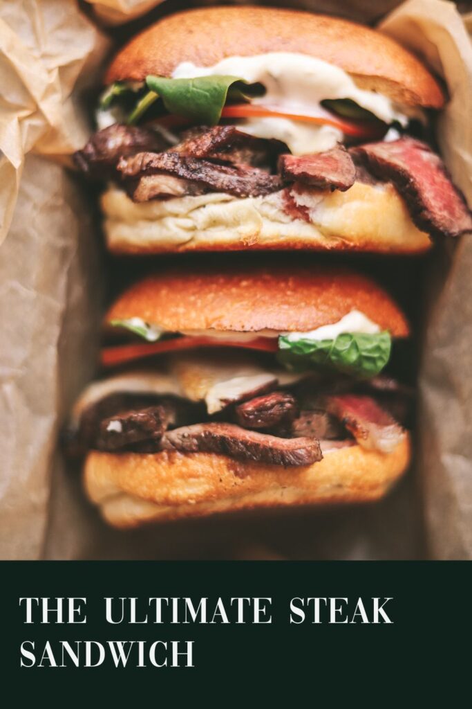 Two steak sandwiches with title text.