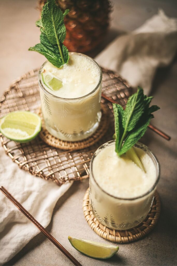 Pina coladas (non-alcohol) with mint and lime. 