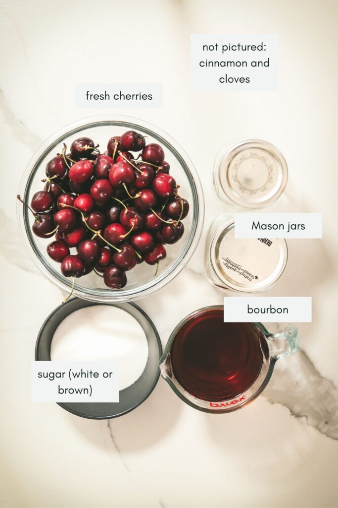 Ingredients for the soaked cherries, labeled. 