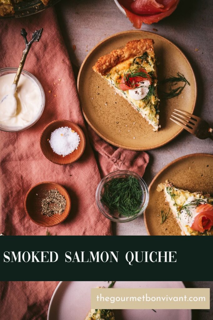 A slice of salmon and spinach quiche with title text.