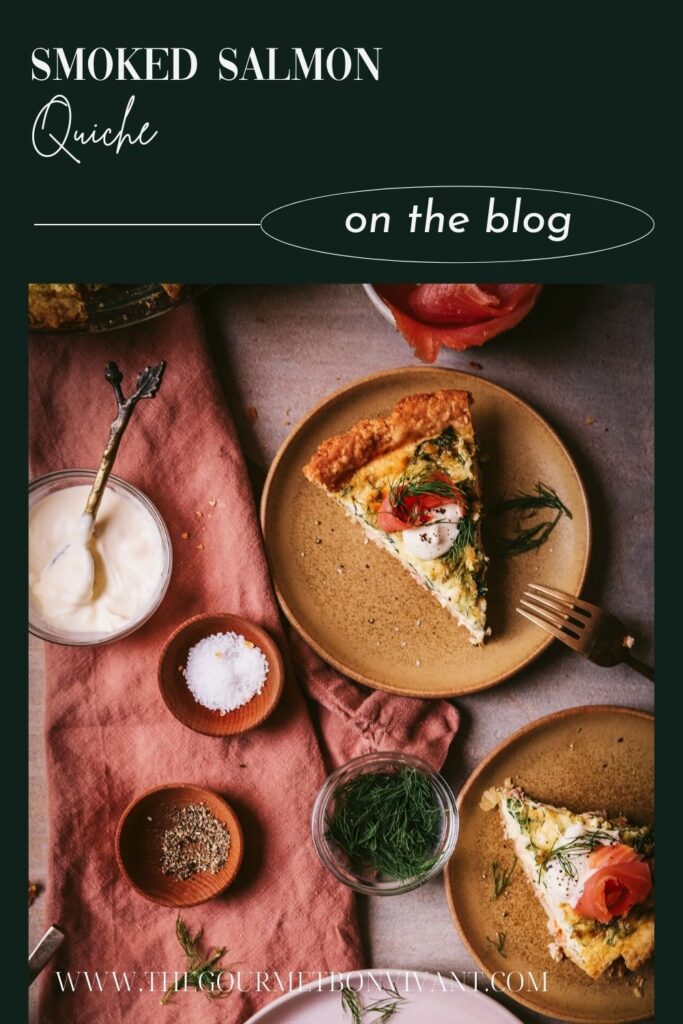 A slice of salmon and spinach quiche with title text.