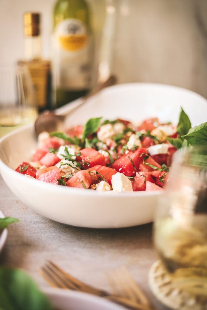 Watermelon salad with white wine and balsamic vinegar. 