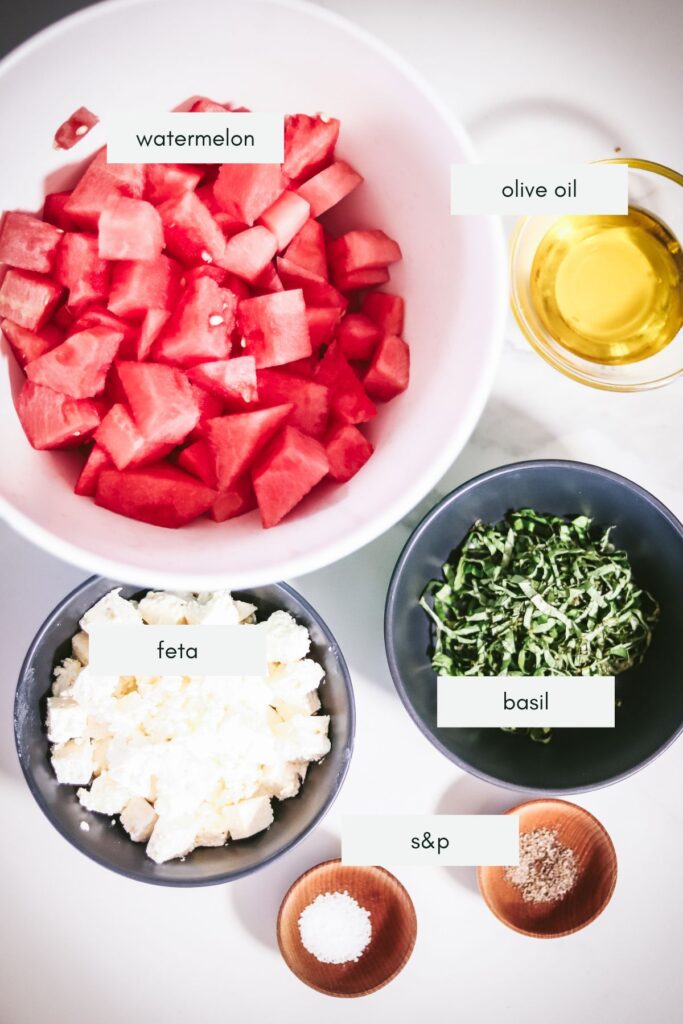 Ingredients for watermelon salad, labeled. 