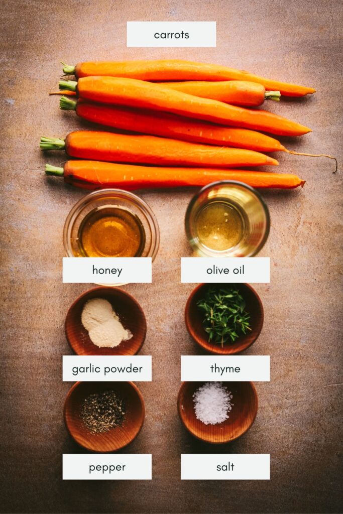 Ingredients for the roasted carrots with honey. 