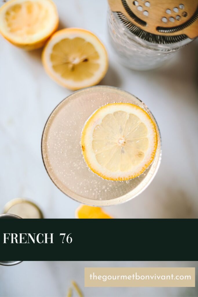A french 76 cocktail on a dark green background with title text.