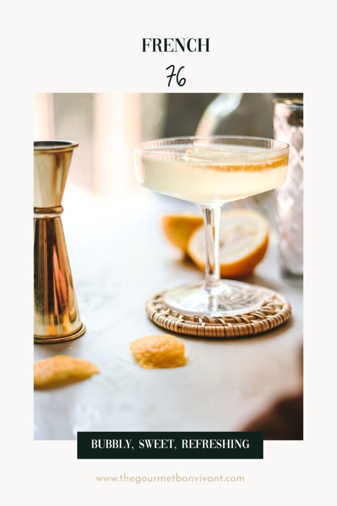 A french 76 cocktail on a white background with title text.