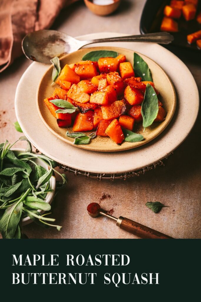 A plate of roasted butternut squash with title text.