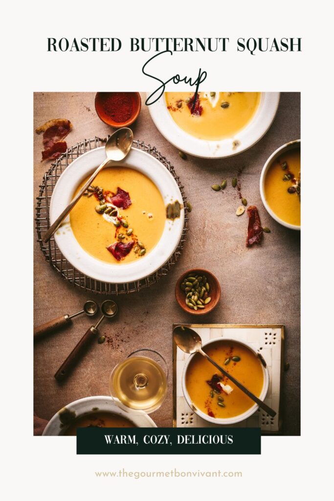 Bowls of roasted butternut squash soup, on a white background with title text.