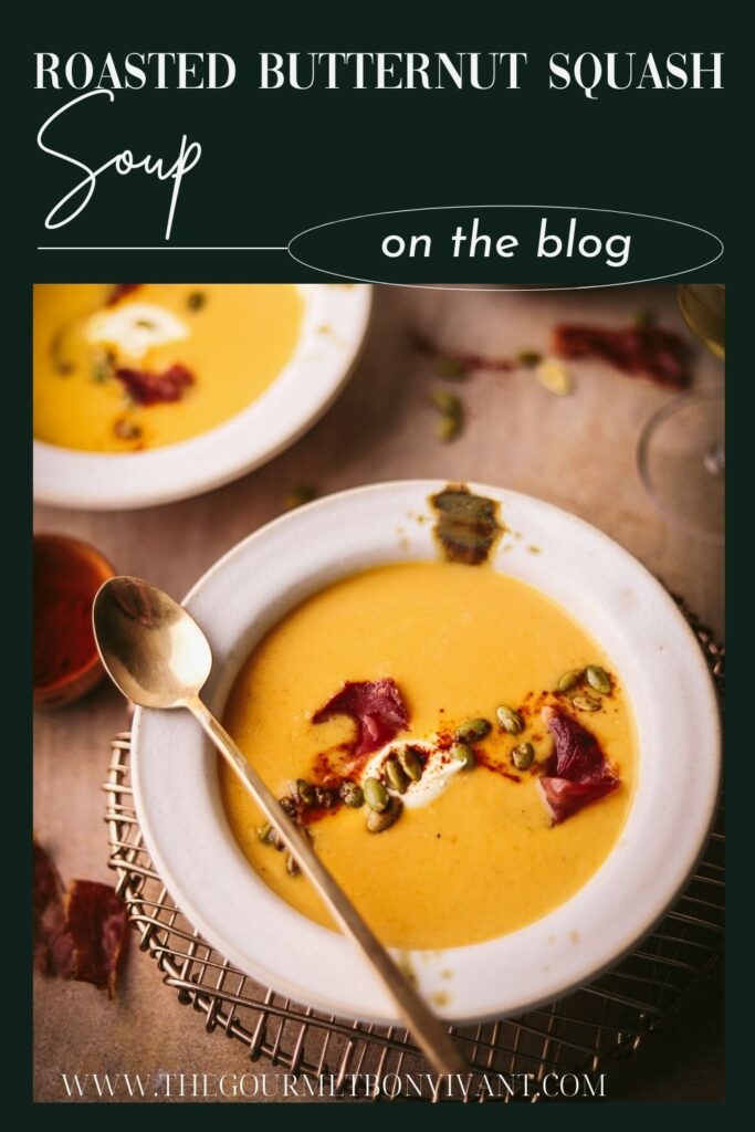 Roasted butternut squash soup on dark green background with title text.