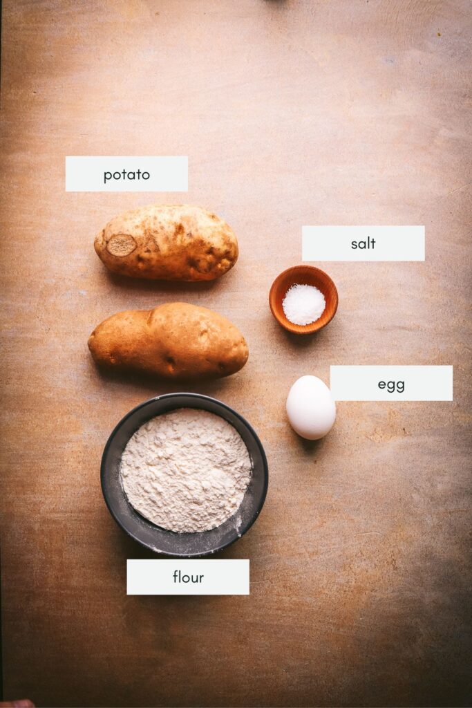 Ingredients for making your own gnocchi: flour, potatoes, salt, and egg. 