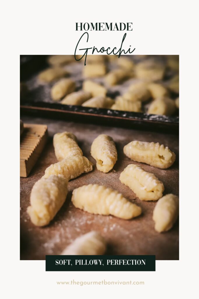 Gnocchi on a sheet pan and a roller with white background and title text.