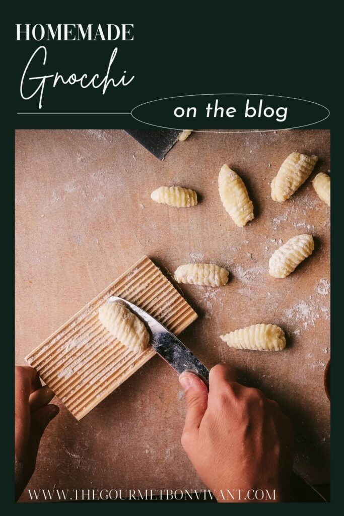 Gnocchi being rolled with green background and title text.