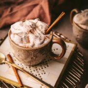 A mug of maple latte with cinnamon whipped cream, garnished with a cinnamon stick.