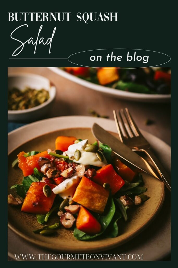 Roasted butternut squash salad on dark green background with title text.