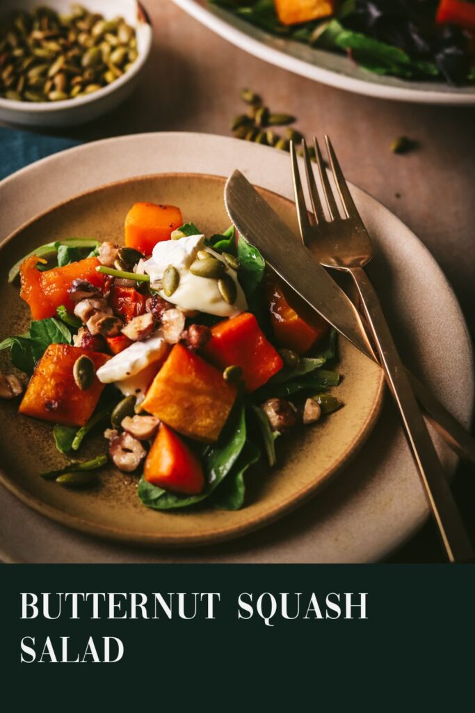 Roasted butternut squash salad on dark green background with title text.