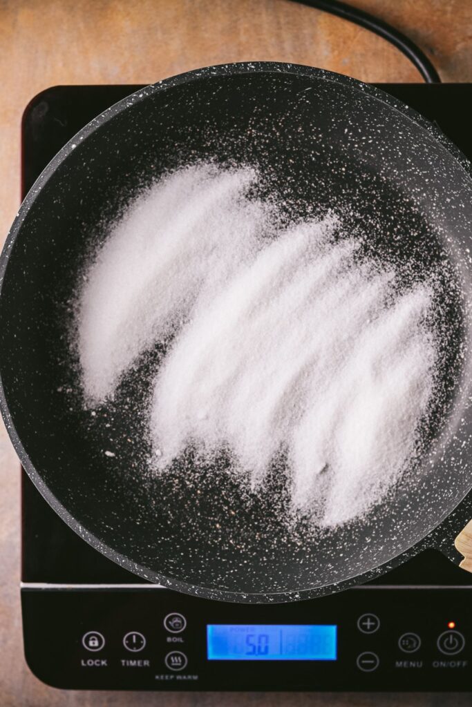 Sugar in a pan. 