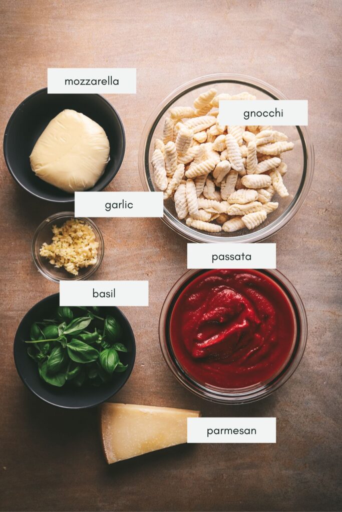 The ingredients for gnocchi alla Sorrentina: gnocchi, passata, mozzarella, garlic, basil, parmesan. 