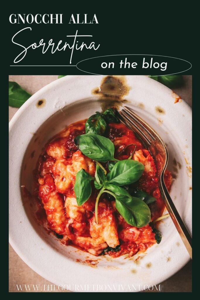 Gnocchi alla Sorrentina with dark green background and title text.