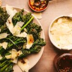 Tenderstem broccoli surrounded by hot honey, parmesan, and white wine.