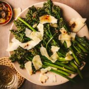 Roasted broccolini with parmesan cheese and hot honey.