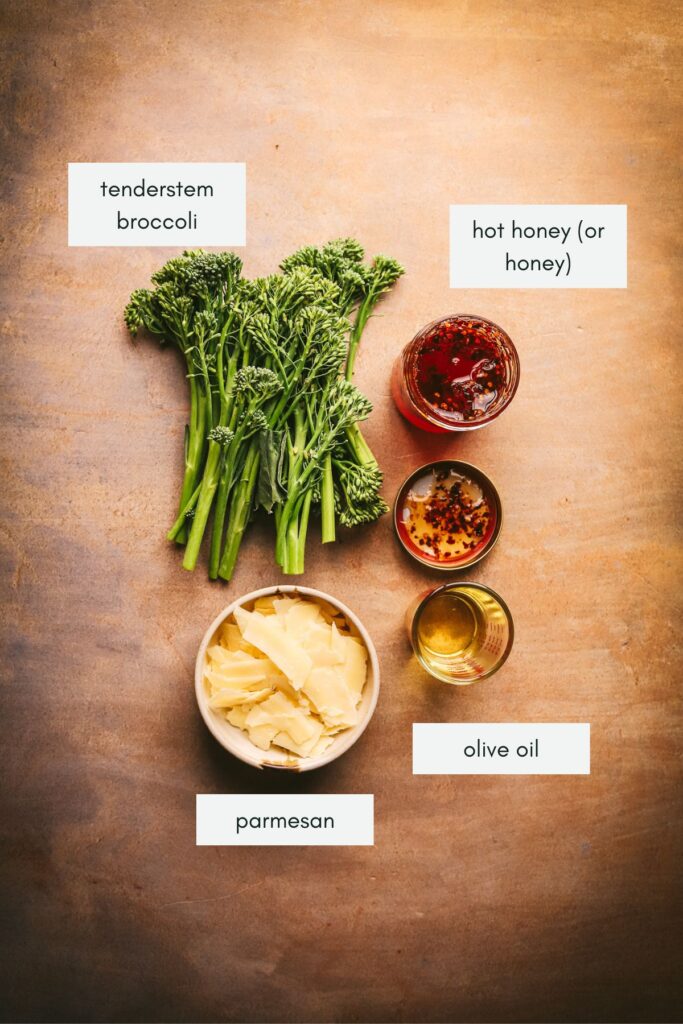 Ingredients for tenderstem broccoli, labeled. 