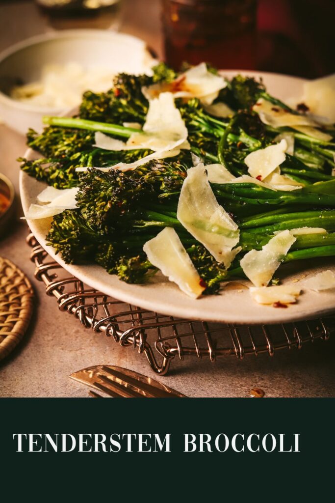 Roasted tenderstem broccoli. Green background. Title Text.