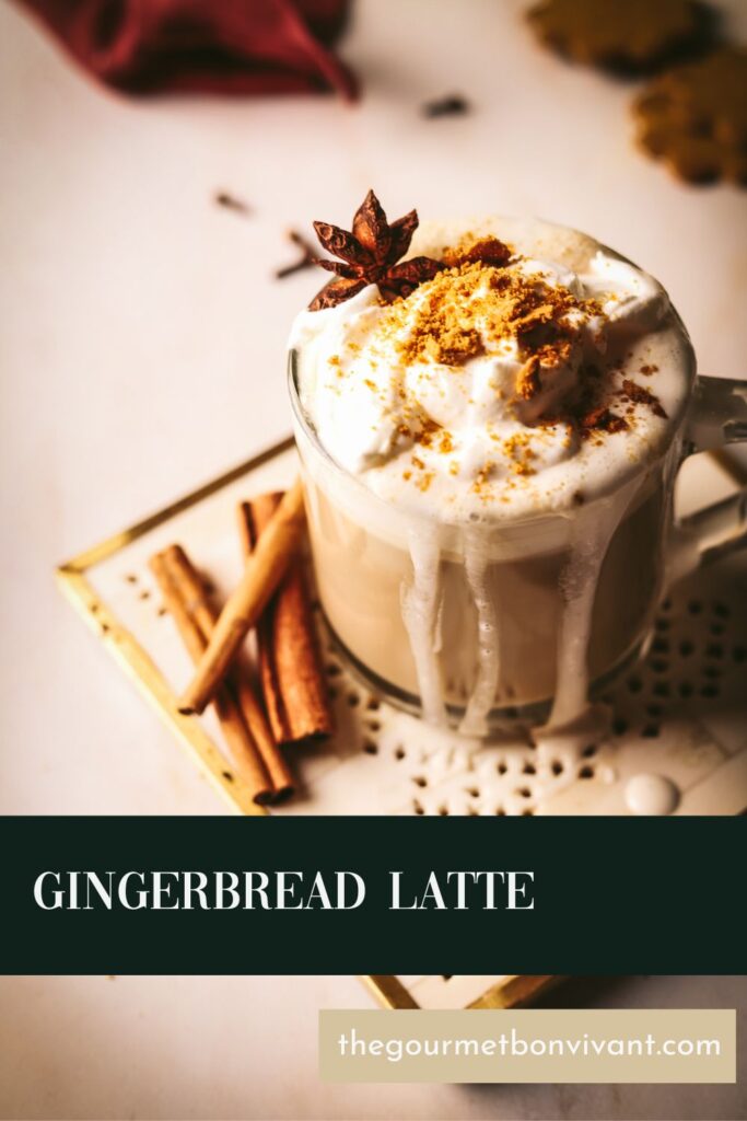 Gingerbread latte with whipped cream spilling over the edge and title text.