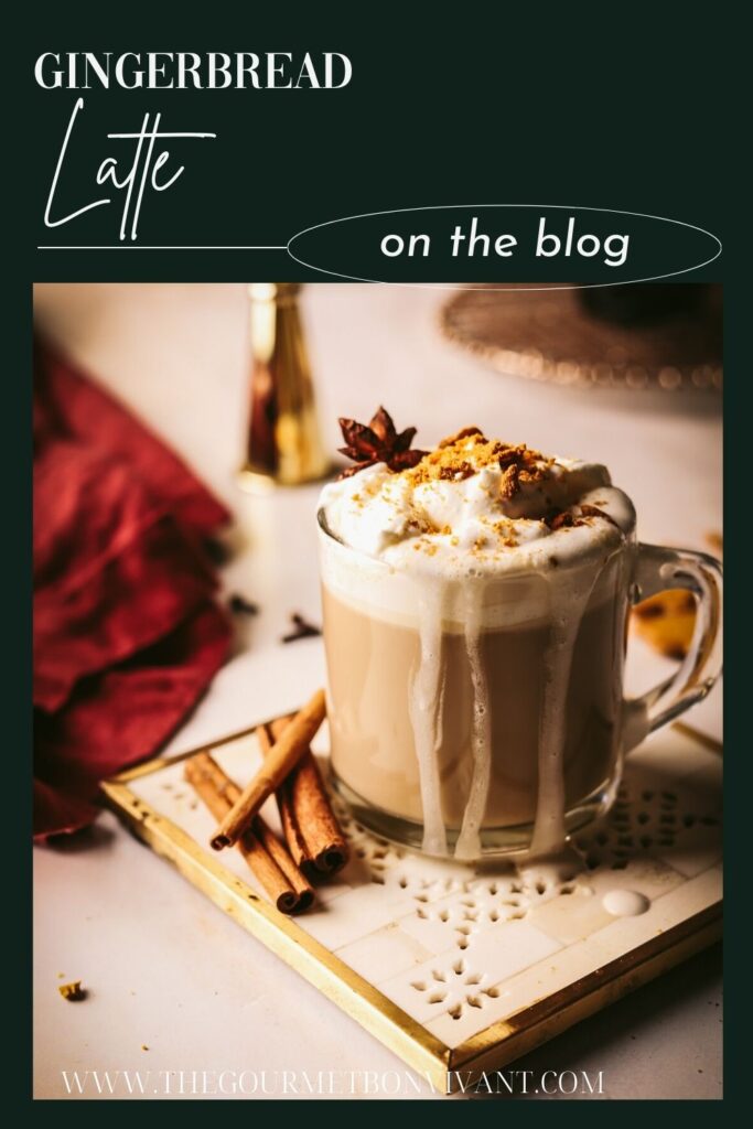 A gingerbread latte on a dark green background with title text.