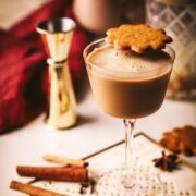 A festive gingerbread martini with barware and a red napkin.
