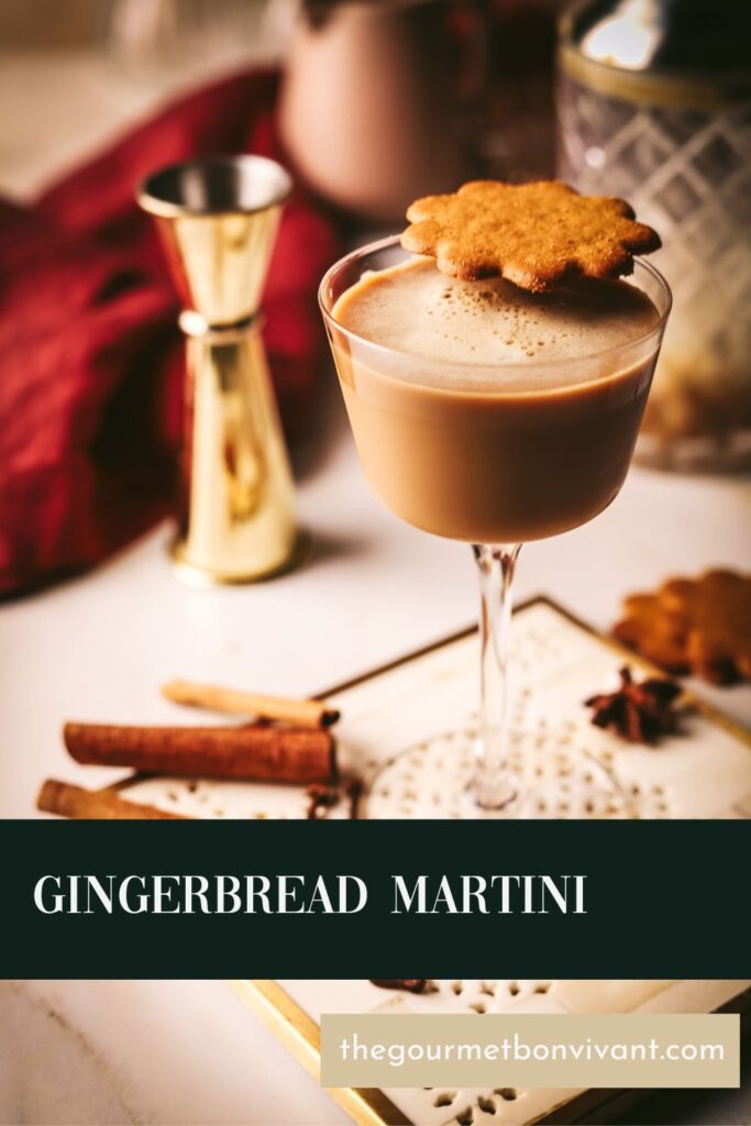 A gingerbread martini with title text.